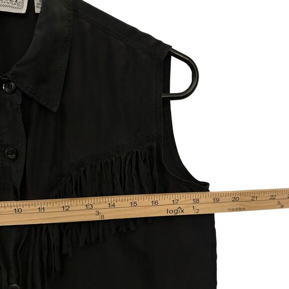 Croquet Clue Black 100% Silk Sleeveless Western Fringe Button Up Blouse Size M - Picture 4 of 7